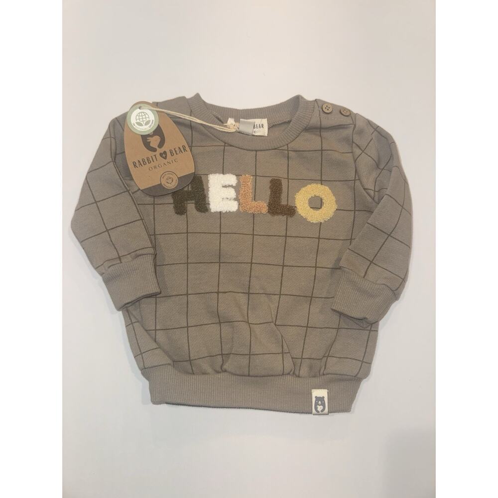 Rabbit Bear Organic Baby Sweatshirt 3-6M Hello Neutral Grid NWT